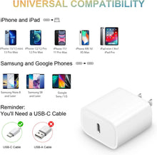 Load image into Gallery viewer, 2 Pack USB C Wall Charger-iPhone Fast Charger Block 20W PD Power Adapter Compatible with iPhone 13/13 Mini/13 Pro/13 Pro Max/12/11 iPad Pro/Mini Google Pixel 4/3 Samsung Galaxy S20 S10 and More